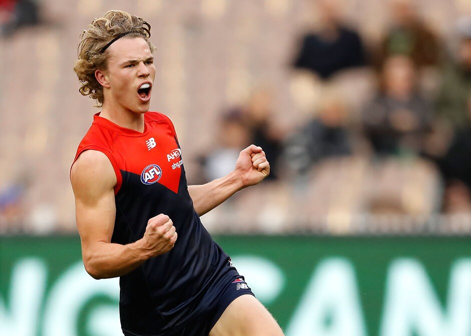 AFL 2016 Rd 15 - Melbourne v Adelaide MELBOURNE, AUSTRALIA - JULY 03: Jayden Hunt of the Demons celebrates a goal during the 2016 AFL Round 15 match between the Melbourne Demons and the Adelaide Crows at the Melbourne Cricket Ground on July 3, 2016 in Melbourne, Australia. (Photo by Adam Trafford/AFL Media)